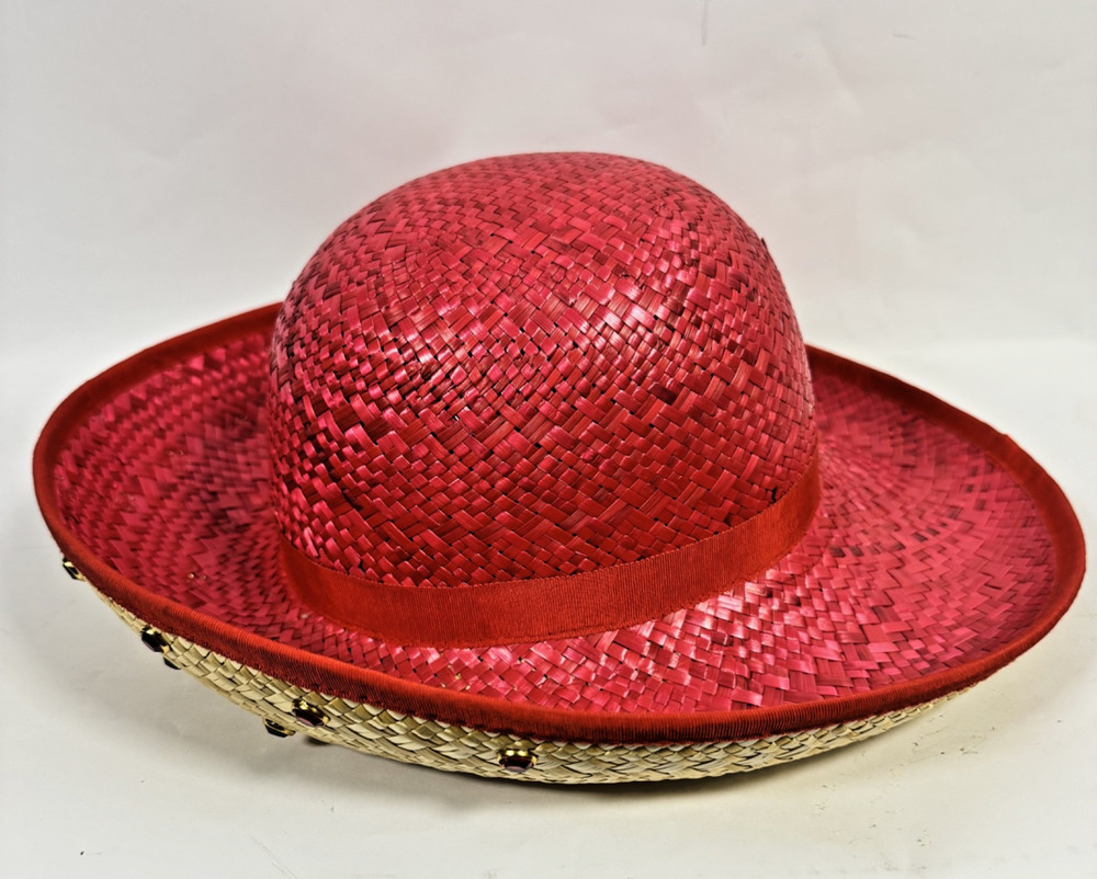 Vintage Women's Handmade Raspberry Straw Western Sun Hat with stones on Brim